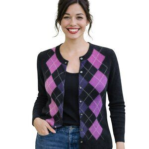 Apt. 9 Argyle Cashmere  Sweater Womens Medium  Black Purple Pink Button-Front